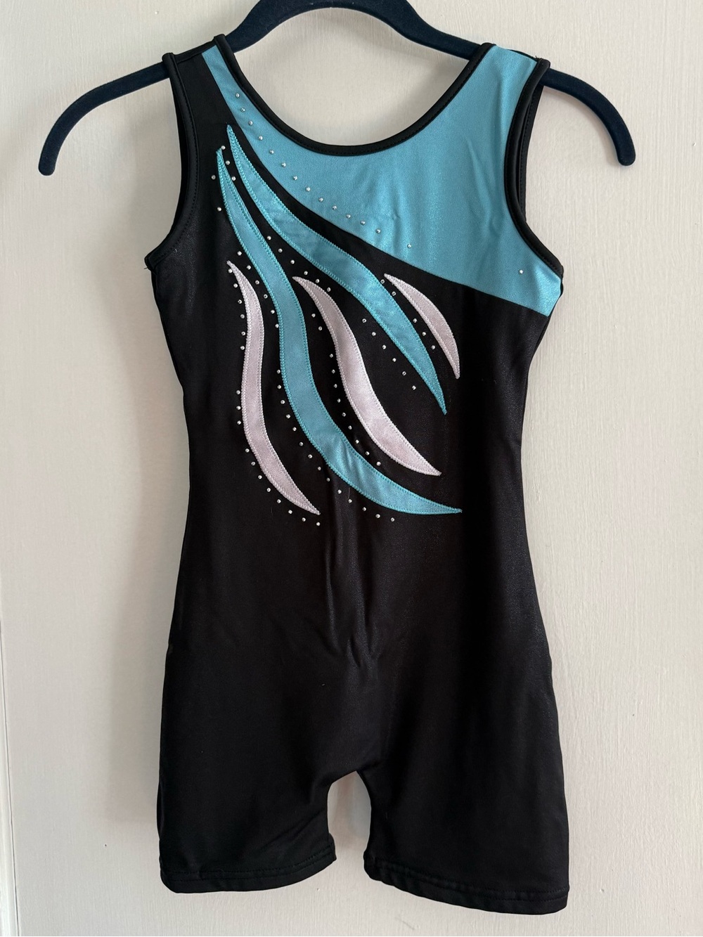 Gymnastics Leotard Black with Teal & White Swoosh Size 8-9